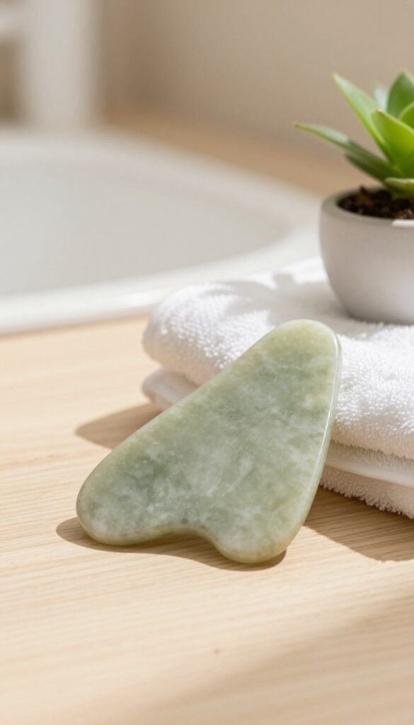 A beautiful arrangement of a gua sha tool, set against a soft, warm-toned background that evokes a serene and calming atmosphere. The gua sha, made from jade, is placed elegantly on a light wooden surface, accompanied by a delicate white towel and a small potted plant for an organic touch. The lighting is warm and natural, casting gentle shadows to enhance the texture of the stone. In the background, a softly blurred bathroom setting can be seen, with hints of minimalist decor that add to the Pinterest-inspired aesthetic. The image conveys a sense of tranquility and self-care, reflecting the beauty of the gua sha tool as a fundamental part of a budget-friendly beauty routine. Include the brand "Ordnungskiste" subtly in the composition without any text overlays.