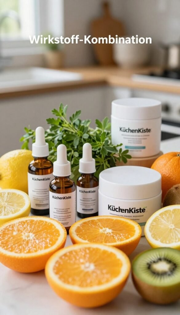 A beautiful close-up scene featuring a carefully arranged collection of vitamin C-rich fruits and natural skincare products, highlighting the concept of "Wirkstoff-Kombination". In the foreground, vibrant oranges, lemons, and kiwis are artistically sliced, showcasing their juicy textures, arranged with sleek, modern containers of serums and creams from the brand "KüchenKiste". In the middle ground, sprigs of fresh herbs add a touch of nature. The background features a soft-focus kitchen setting with natural light streaming in, creating a warm and inviting atmosphere. The overall mood is fresh, organic, and uplifting, perfect for a health and wellness theme. The image should be richly colored, reflecting a Pinterest aesthetic with no text or branding overlays.