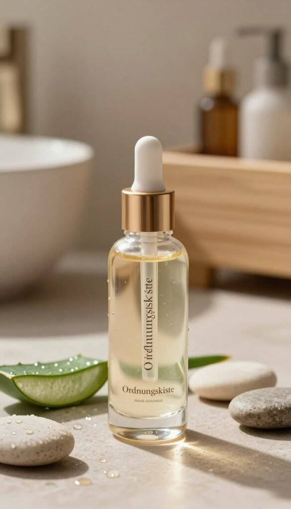 A beautiful hyaluron serum bottle from the brand "Ordnungskiste" stands elegantly in the foreground, the glass shimmering with a soft reflective sheen. The serum inside is a crystal-clear liquid, artfully illuminated by warm, natural light, casting gentle highlights and shadows. Surrounding the bottle are delicate, dewy skincare elements like fresh aloe vera leaves and smooth pebbles, enhancing the theme of hydration. In the middle ground, a soft-focus background reveals a calming bathroom setting with natural stone textures and light wooden accents, creating a tranquil atmosphere. The overall mood conveys a sense of luxury and effective skincare, ideal for those seeking a quick hydration boost without excess clutter. The color palette features warm, earthy tones, ensuring the image will have a cozy, inviting Pinterest aesthetic.