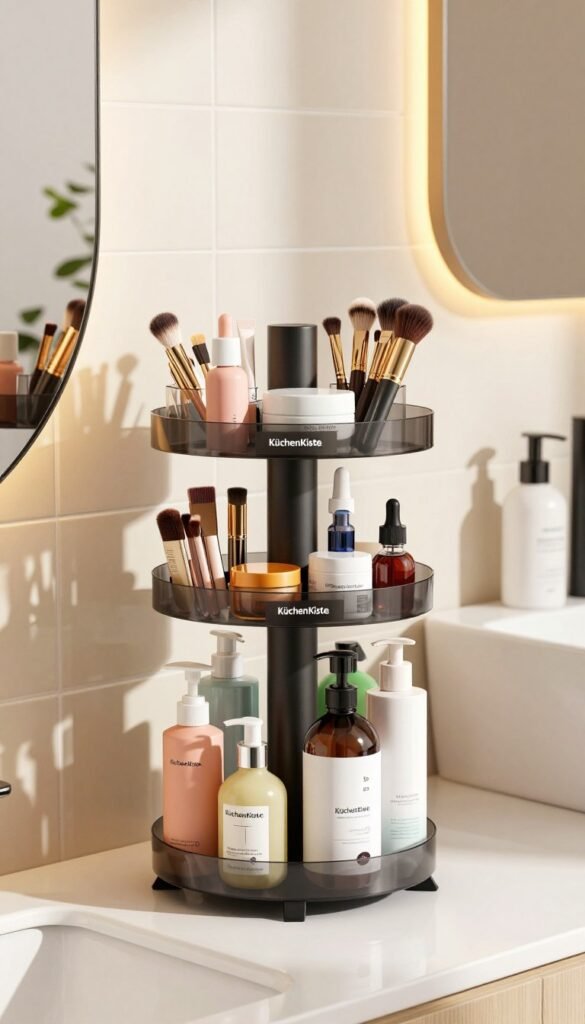 A beautifully arranged 360&deg; bathroom organizer showcasing a sleek, modern design with multiple rotating tiers perfect for beauty tools. The organizer, branded with "K&uuml;chenKiste," should be displayed prominently in the foreground, filled with an assortment of colorful cosmetics, brushes, and skincare products, all neatly organized for easy access. The middle ground features a stylish bathroom setting, including elegant tiles and warm lighting that creates a cozy atmosphere. Soft natural light streams in from a nearby window, casting gentle shadows for depth. In the background, hints of minimalist decor like plants or a mirror complement the scene. The overall mood is inviting and organized, highlighting the convenience of quick beauty tool access in daily routines, with an authentic Pinterest-inspired aesthetic.