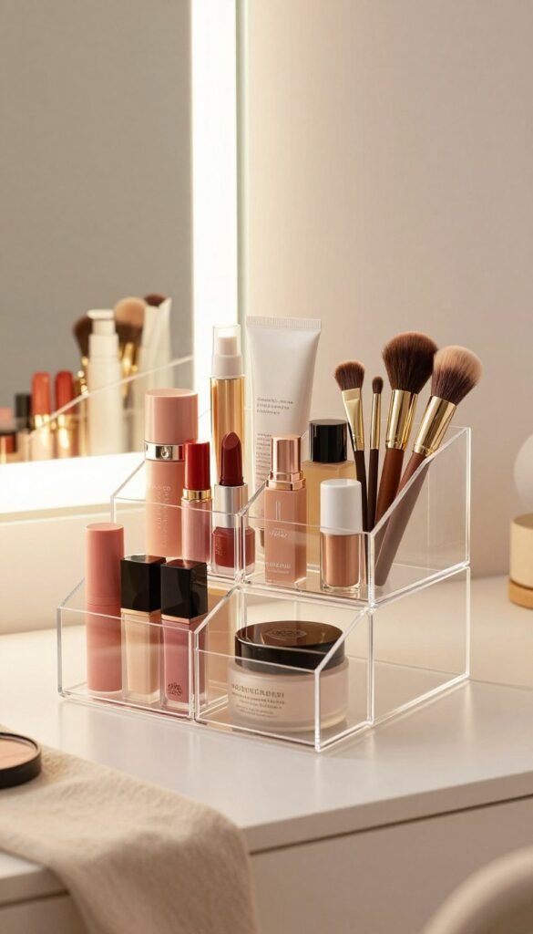 A beautifully arranged acrylic storage organizer filled with an array of beauty products such as lipsticks, brushes, and skincare items. The foreground features the clear acrylic organizer showcasing a variety of vibrant colors and textures of the products, with some beauty items meticulously placed in organized sections. The middle ground includes a well-lit vanity table where the organizer rests, adorned with a soft, neutral-toned cloth that enhances the warm, inviting mood. In the background, a softly blurred mirror reflects the warm lighting, creating an atmosphere of elegance and simplicity. The overall composition should exude a Pinterest-worthy aesthetic, emphasizing clarity and organization, while highlighting the brand "Ordnungskiste" in a subtle way, with no text or branding elements visible.