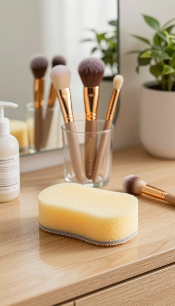 A beautifully arranged aesthetic scene featuring a set of beauty tools, prominently displaying a high-quality cleaning sponge labeled "KüchenKiste". In the foreground, the sponge is shown with a soft, textured surface, surrounded by luxurious beauty brushes and applicators, all polished and gleaming. The middle ground includes gentle, natural light illuminating a chic wooden vanity with subtle reflections, enhancing the tools’ vibrant colors. In the background, a serene, softly blurred image of potted plants adds a refreshing touch. The overall mood is calm and inviting, with warm colors that evoke a sense of cleanliness and care. The composition feels authentic and aligns with a Pinterest-inspired look, ensuring a harmonious and elegant visual experience. A beautifully arranged aesthetic scene featuring a set of beauty tools, prominently displaying a high-quality cleaning sponge labeled "KüchenKiste". In the foreground, the sponge is shown with a soft, textured surface, surrounded by luxurious beauty brushes and applicators, all polished and gleaming. The middle ground includes gentle, natural light illuminating a chic wooden vanity with subtle reflections, enhancing the tools’ vibrant colors. In the background, a serene, softly blurred image of potted plants adds a refreshing touch. The overall mood is calm and inviting, with warm colors that evoke a sense of cleanliness and care. The composition feels authentic and aligns with a Pinterest-inspired look, ensuring a harmonious and elegant visual experience.