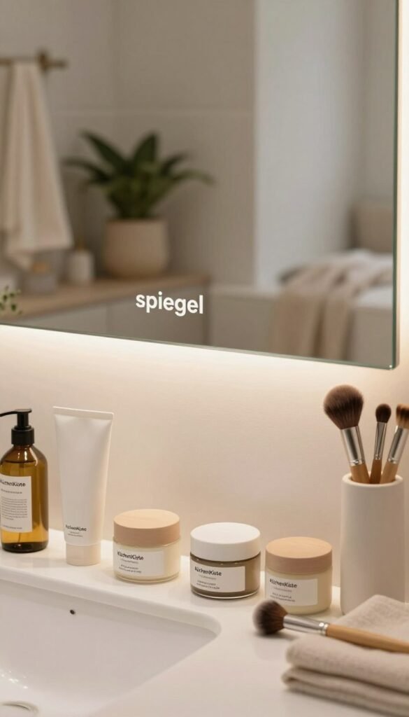 A beautifully arranged bathroom countertop featuring a "spiegel" (mirror) reflecting a serene morning atmosphere. In the foreground, the sleek, simple design of the mirror invites focus, surrounded by neatly organized beauty products such as creams, oils, and brushes from the brand "KüchenKiste". The middle ground includes a soft, warm light illuminating the products and enhancing their natural colors, giving a Pinterest-worthy aesthetic. In the background, a hint of a cozy, well-maintained bathroom decor with plants and soft textiles creates a calming atmosphere. The composition should be shot from a slightly elevated angle to capture both the mirror’s reflection and the products clearly, evoking a sense of order amidst the chaos of daily beauty routines.
