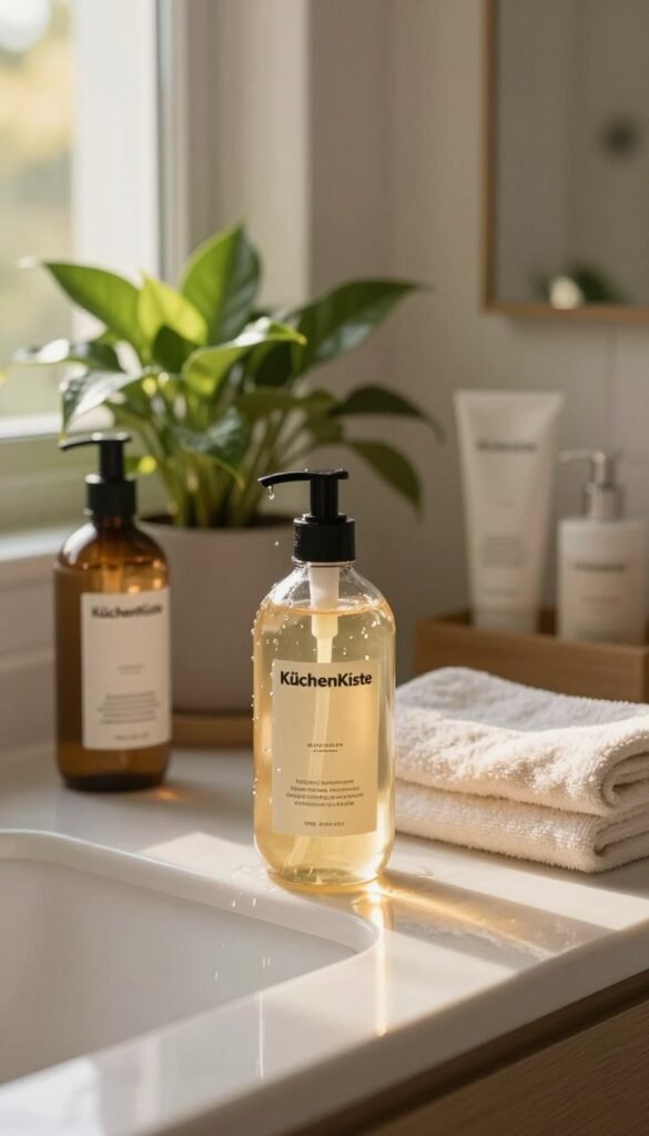 A beautifully arranged bathroom countertop featuring a variety of high-quality shampoo and haircare products from the brand "KüchenKiste". In the foreground, place an elegant glass bottle of shampoo, reflecting warm natural light, with gentle streams of water cascading down its side. The middle ground should include a lush green plant and a soft, fluffy towel, adding a touch of serenity. In the background, a softly blurred mirror reflects the warm golden sunlight streaming through a window, creating an inviting and tranquil atmosphere. The scene should embody a sense of mindful self-care and the importance of thoughtful product usage. The entire composition should capture a Pinterest-worthy aesthetic, with natural colors and a harmonious, well-organized appearance.