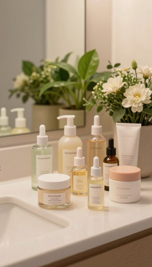 A beautifully arranged bathroom countertop featuring a variety of skincare products that cater to different skin types. In the foreground, exquisite glass jars and bottles with elegant labels showcase creams, serums, and oils, all in soft, pastel colors. The middle background contains lush greenery, like a potted plant and fresh flowers, to convey a sense of natural beauty and tranquility. Soft, warm lighting illuminates the scene, creating a cozy yet sophisticated atmosphere reminiscent of a Pinterest aesthetic. A stylish mirror reflects the neatly organized products while maintaining an uncluttered appearance. The brand name "KüchenKiste" is subtly integrated into the image’s elements. The overall mood is inviting and serene, perfect for a beauty-themed article.