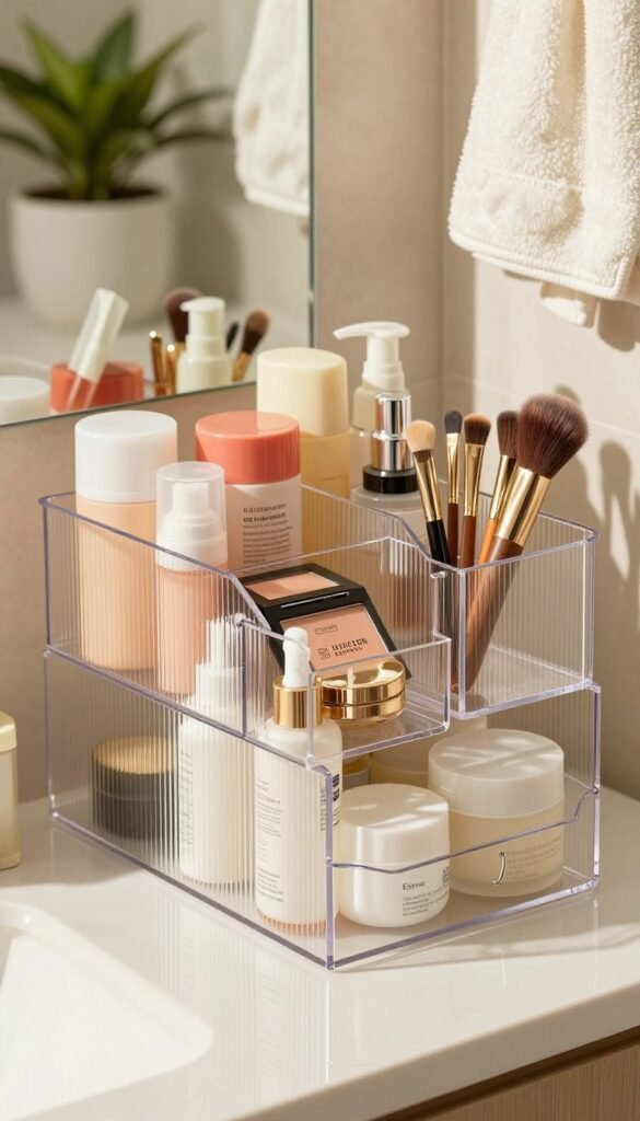 A beautifully arranged bathroom scene featuring a stylish acrylic organizer from KüchenKiste, showcasing its clear compartments filled with various skincare and cosmetic products. In the foreground, emphasize the sleek, shiny surface of the acrylic, reflecting soft natural light that creates a warm and inviting atmosphere. In the middle ground, include neatly organized transparent cosmetic boxes, each containing colorful makeup items, brushes, and beauty tools, all arranged with a clean aesthetic. The background should feature a serene bathroom setting with subtle decor elements like potted plants or elegant towels, conveying a Pinterest-inspired, cozy vibe. Aim for a sharp, well-lit image that highlights the organizer's functionality while maintaining an authentic and clean look. No text, logos, or human subjects are present in the composition.