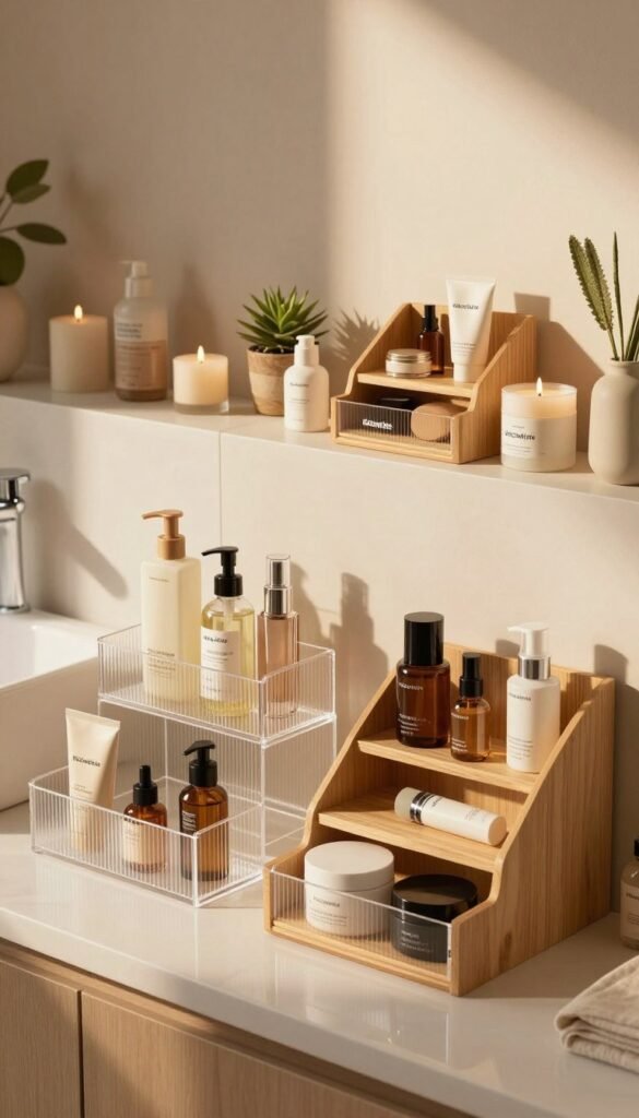 A beautifully arranged bathroom scene featuring various sizes of elegant beauty storage solutions from the brand "KüchenKiste". In the foreground, showcase an array of stylish, transparent acrylic containers and wooden organizers filled with beauty products, emphasizing their varying sizes. The middle ground highlights a well-organized bathroom countertop with natural decor elements, including plants and candles, creating a serene atmosphere. The background incorporates soft, warm lighting to enhance the cozy and inviting ambiance, with gentle shadows playing across the surfaces. Use a wide-angle lens to capture the entire setup, framing the products harmoniously while ensuring authenticity. The overall mood is tranquil and aesthetically pleasing, with a Pinterest-inspired look, highlighting the importance of size and organization without any text elements.