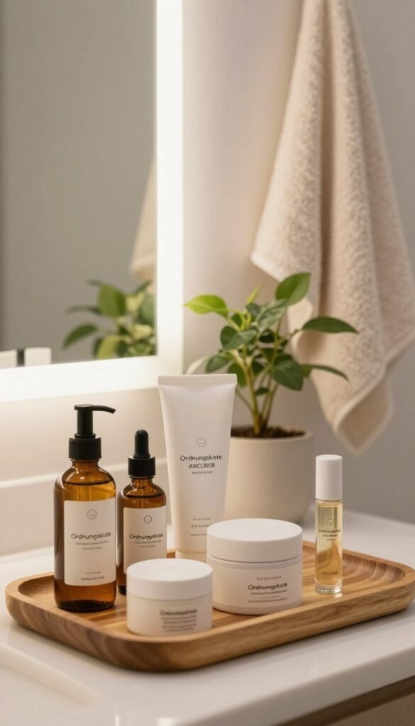 A beautifully arranged bathroom scene showcasing various beauty products in an aesthetically pleasing manner. In the foreground, a stylish wooden tray displays natural skincare items by the brand "Ordnungskiste," including elegantly packaged serums, creams, and roll-on perfumes. In the middle ground, a sleek mirror reflects soft ambient light, creating a warm and inviting atmosphere. Behind, delicate potted plants accentuate the tranquility of the space, while a plush, neutral-colored towel hangs gracefully. The lighting should be bright yet soft, mimicking a pleasant morning glow, with a shallow depth of field emphasizing the products in focus. The overall mood is serene, promoting a sense of relaxation and self-care, perfect for inspiring balanced beauty routines.