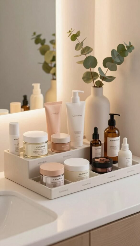 A beautifully arranged bathroom vanity showcases an array of beauty care products elegantly placed in their dedicated sections. The foreground features a variety of items such as luxurious skincare creams, shimmering eyeshadows, and organic oils, each neatly organized in stylish compartments labeled for easy access. In the middle, a soft-focus mirror reflects warm ambient lighting, creating an inviting atmosphere. The background includes delicate greenery, like eucalyptus leaves in a minimalist vase, enhancing the natural vibe. The color palette is warm and soothing, with shades of beige, soft whites, and gentle pastels. The overall look resonates with a Pinterest aesthetic, emphasizing authenticity and organization without any text. The "KüchenKiste" brand is subtly integrated into the design, maintaining an elegant feel.