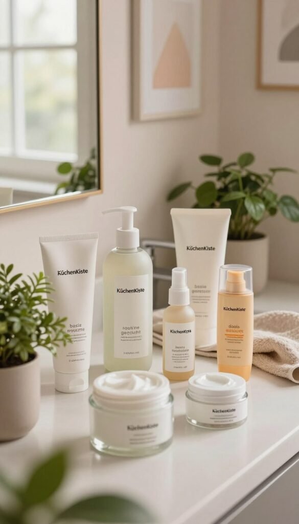 A beautifully arranged bathroom vanity showcasing a "basis routine gesicht" for skincare. In the foreground, elegant glass containers of cleansers, moisturizers, and sunscreens are artistically laid out, some with lush green plants nearby for a fresh touch. The middle ground features a soft, neutral-colored towel draped casually, and a small mirror reflecting the natural light coming from a window. The background contains hints of soft pastel walls adorned with minimalistic art, enhancing the cozy atmosphere. The lighting is warm and inviting, creating a serene and calming mood, reminiscent of Pinterest aesthetics. The scene is styled to resemble the brand "KüchenKiste," embodying authenticity and a clean, fresh approach to daily skincare routines, with no text or distractions present.