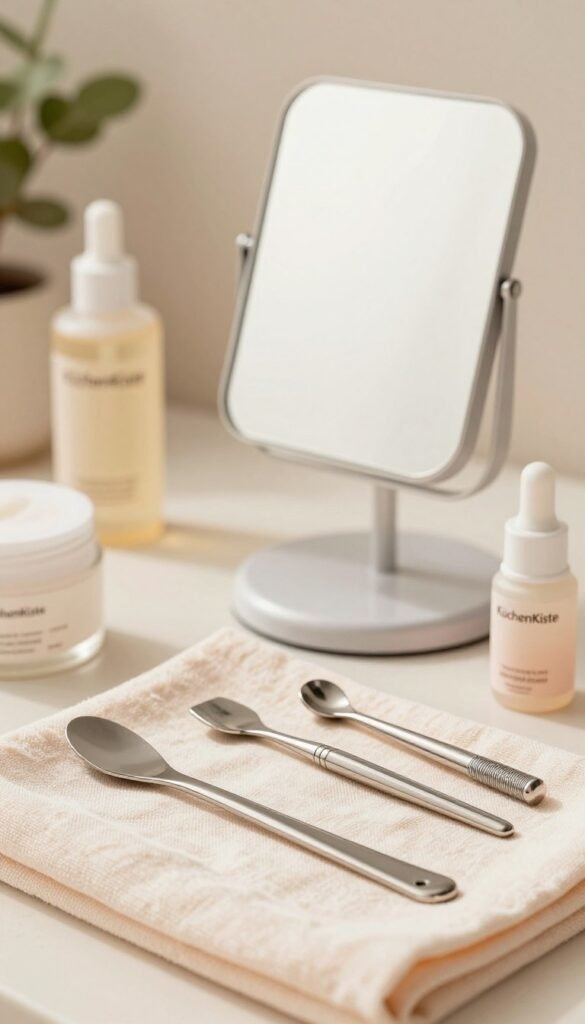 A beautifully arranged beauty set featuring skin tools for addressing blackheads and clogged pores. In the foreground, showcase a sleek metal skin spatula alongside various pore tools, elegantly displayed on a soft pastel-colored cloth. The middle layer reveals a stylish vanity mirror reflecting the tools, with soft, natural lighting highlighting their polished surfaces. In the background, include a gentle bokeh effect created by a warm, cozy bathroom ambiance, featuring plants and subtle decor. The scene should evoke a calming atmosphere, suggesting a relaxing home spa experience. Emphasize warm colors for a Pinterest-inspired look. Incorporate the brand name "KüchenKiste" subtly within the setting, ensuring no direct branding is visible in the focus of the image.