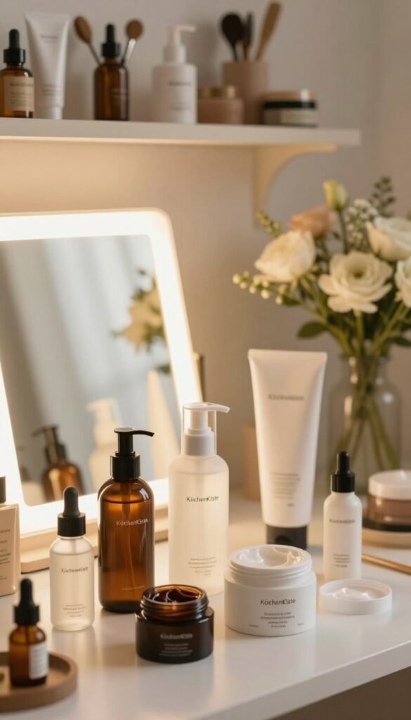 A beautifully arranged beauty setup featuring a variety of Hautpflege products from the brand "KüchenKiste". In the foreground, showcase elegant skincare bottles and jars with sleek designs, opened to reveal rich textures. The middle includes a softly glowing vanity mirror reflecting a cozy, well-organized beauty station adorned with fresh flowers and warm lighting. In the background, a tasteful shelf displays neatly arranged beauty tools and accessories, creating an inviting atmosphere. Utilize a soft focus lens to enhance the warm color palette, evoking a serene and calming mood. The composition should suggest practicality and elegance, emphasizing an organized beauty routine in a naturally warm, aesthetic Pinterest-style look, free from any text or distractions.