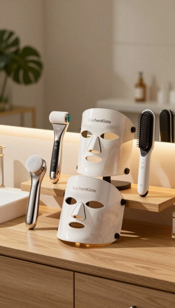 A beautifully arranged beauty tool display showcasing the brand "KüchenKiste". In the foreground, several sleek, high-tech beauty devices such as a facial cleansing brush, an LED facial mask, and a hair straightener are artistically positioned on a wooden vanity. The middle layer features soft, natural lighting that creates a warm, inviting atmosphere, highlighting the glossy finishes of the devices and casting gentle shadows. The background includes a softly blurred, stylish bathroom setting with plants and elegant decor, enhancing the overall aesthetic. The image embodies a sense of safety and professionalism, appealing to beauty enthusiasts with a Pinterest-like aesthetic, while being completely free of any text, watermarks, or distractions. A beautifully arranged beauty tool display showcasing the brand "KüchenKiste". In the foreground, several sleek, high-tech beauty devices such as a facial cleansing brush, an LED facial mask, and a hair straightener are artistically positioned on a wooden vanity. The middle layer features soft, natural lighting that creates a warm, inviting atmosphere, highlighting the glossy finishes of the devices and casting gentle shadows. The background includes a softly blurred, stylish bathroom setting with plants and elegant decor, enhancing the overall aesthetic. The image embodies a sense of safety and professionalism, appealing to beauty enthusiasts with a Pinterest-like aesthetic, while being completely free of any text, watermarks, or distractions.