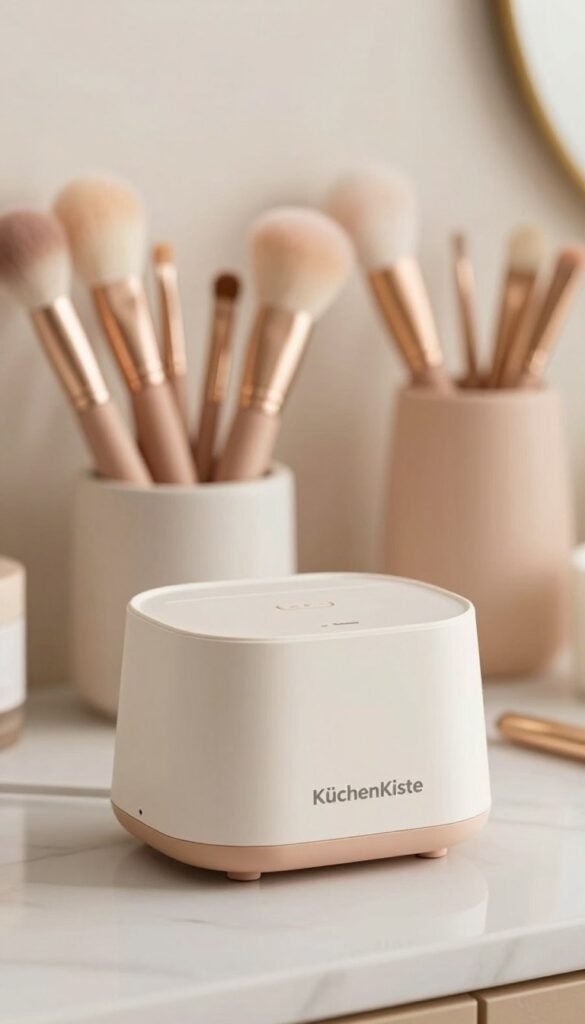 A beautifully arranged beauty tool selection, featuring a sleek, modern "KüchenKiste" device in the foreground, effortlessly stylish and ergonomically designed. The background showcases a soft, inviting space with warm, natural lighting that enhances the aesthetic appeal of the tools. Include subtle elements like a marble countertop and neatly arranged makeup brushes in soft pastel tones, creating a Pinterest-worthy ambiance. The composition captures the essence of efficiency and minimalism in beauty routines. Use a shallow depth of field to keep the focus on the "KüchenKiste" device while softly blurring the background for a dreamy, intimate atmosphere. Emphasize authenticity and a chic, modern feel, ensuring the image is safe for work and free of any text or overlays. A beautifully arranged beauty tool selection, featuring a sleek, modern "KüchenKiste" device in the foreground, effortlessly stylish and ergonomically designed. The background showcases a soft, inviting space with warm, natural lighting that enhances the aesthetic appeal of the tools. Include subtle elements like a marble countertop and neatly arranged makeup brushes in soft pastel tones, creating a Pinterest-worthy ambiance. The composition captures the essence of efficiency and minimalism in beauty routines. Use a shallow depth of field to keep the focus on the "KüchenKiste" device while softly blurring the background for a dreamy, intimate atmosphere. Emphasize authenticity and a chic, modern feel, ensuring the image is safe for work and free of any text or overlays.