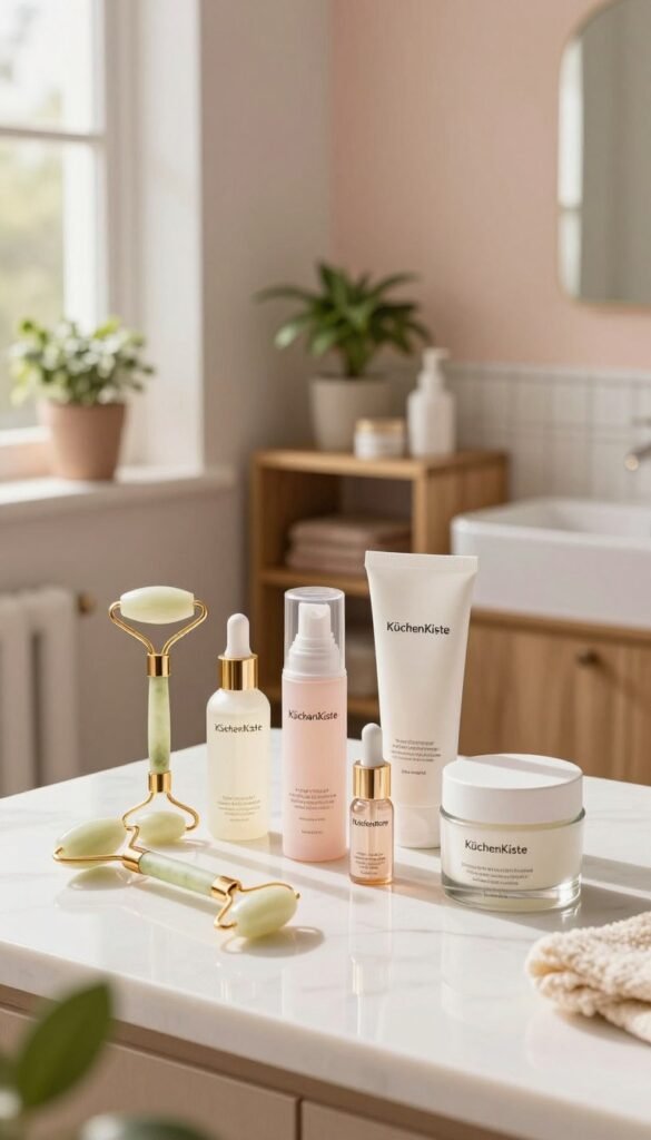 A beautifully arranged "beauty tool zuhause set" featuring an array of professional skincare items like facial rollers, serum droppers, and luxurious creams. The foreground showcases these tools meticulously placed on a soft, white marble countertop, illuminated by warm, natural morning light streaming through a nearby window. In the middle ground, a stylishly designed wooden shelf holds additional beauty products, accompanied by delicate potted plants adding a touch of greenery. The background features a cozy and inviting bathroom setting, with soft pastel-colored walls and elegant decor. The overall atmosphere is serene and organized, reflecting a Pinterest-inspired aesthetic. The brand name "KüchenKiste" subtly integrated within the scene.