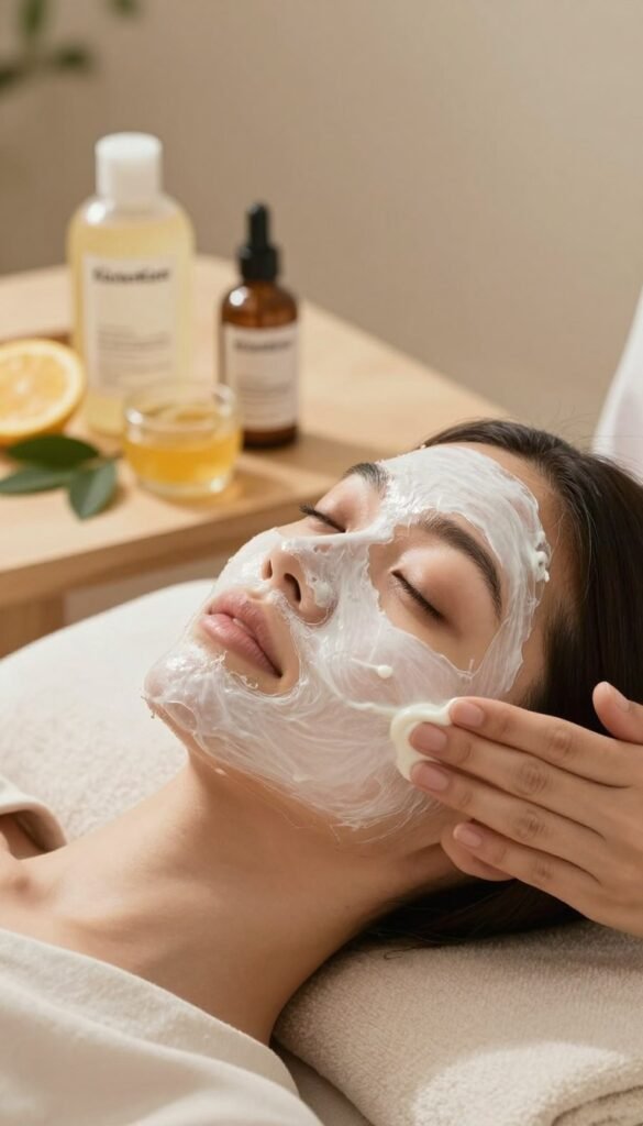 A beautifully arranged, close-up photograph of a delicate facial peeling mask being gently applied to a serene model's face. The foreground showcases the creamy texture of the mask, glistening slightly as it adheres to her skin. The model, dressed in modest casual clothing, has a peaceful expression, emphasizing relaxation and self-care. In the middle ground, a subtle hint of assorted enzyme products, like fruit extracts and natural exfoliants, is artistically placed on a light wooden surface, decorated with green leaves. The background presents a soft, blurred setting in warm, natural tones, reminiscent of a cozy spa environment. The lighting is soft and flattering, mimicking the glowing ambiance of a serene retreat, enhancing the feeling of tranquility and beauty. The composition reflects authenticity and a Pinterest-inspired aesthetic. Brand name "KüchenKiste" subtly integrated into the scene with elegant placement.
