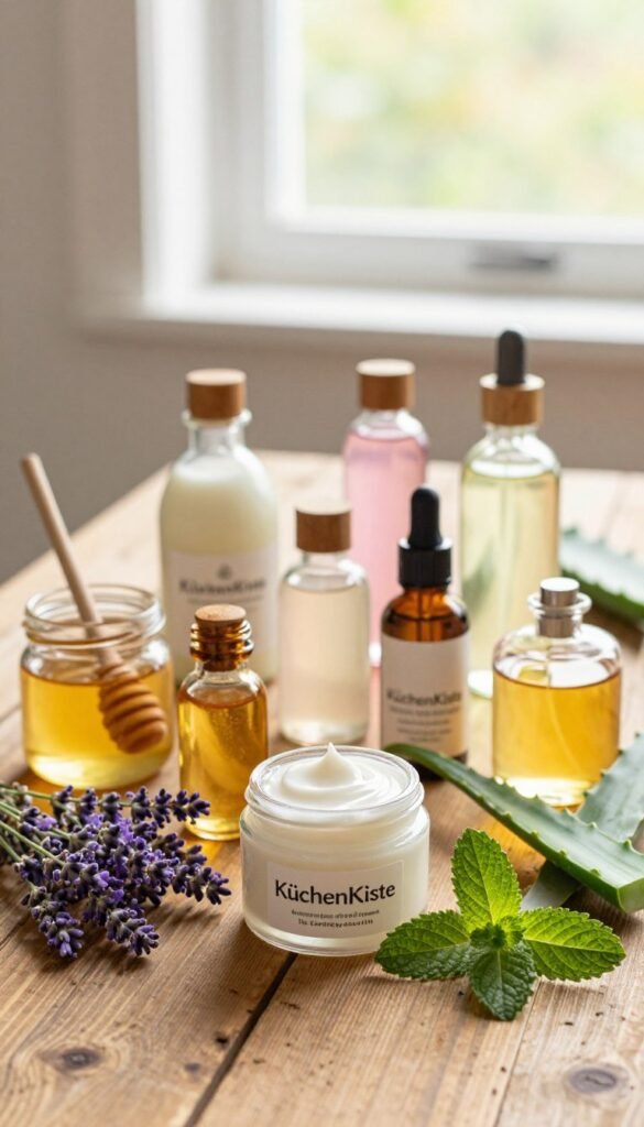 A beautifully arranged collection of natural beauty ingredients for skincare and cosmetics, displayed on a rustic wooden table. In the foreground, vibrant jars of creams and oils featuring the brand name "KüchenKiste," surrounded by fresh herbs like lavender and mint, and infusions of honey and aloe vera. In the middle, delicate glass bottles filled with colorful liquid formulations, showcasing varying textures and colors, such as creamy lotions and clear serums. In the background, soft, natural light filters through a window, casting a warm glow over the scene that enhances the authenticity of the image. The overall atmosphere is tranquil and inviting, embodying a Pinterest aesthetic with warm tones that inspire a sense of natural beauty and care.