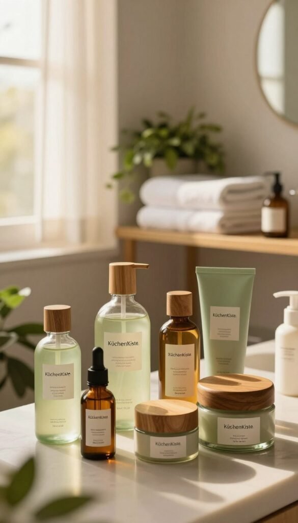A beautifully arranged collection of natural hygiene cosmetics from the brand "KüchenKiste." In the foreground, display elegant glass bottles and jars filled with luxurious skincare products, featuring earthy colors like soft greens and browns, with wooden lids for an eco-friendly touch. In the middle, a cozy bathroom shelf is shown, adorned with delicate, white towels and lush greenery for a fresh atmosphere. The background reveals a softly lit window with sheer curtains, filtering warm, golden sunlight that enhances the serene ambiance. Capture the essence of mindfulness in beauty routines, emphasizing elegance and sustainability, while showcasing the importance of proper hygiene and storage of cosmetics in a stylish and inviting setting. The overall mood should evoke a sense of tranquility and attentiveness to self-care.