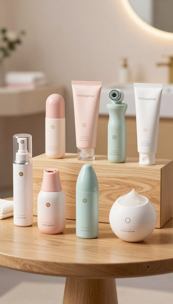 A beautifully arranged collection of seven different facial cleansing devices, showcasing their sleek designs and features. The foreground features close-up shots of the devices, each uniquely styled, including varying colors and textures that emphasize their quality. In the middle, an elegant display table with natural wood finish enhances the warmth of the scene, adorned with soft lighting that highlights each device's details and the brand name "Ordnungskiste" subtly placed in the background. The background has a blurred, cozy bathroom setting with warm pastel colors, creating an inviting atmosphere. The overall mood is sophisticated and informative, capturing a Pinterest-inspired aesthetic that resonates authenticity and care for beauty routines.
