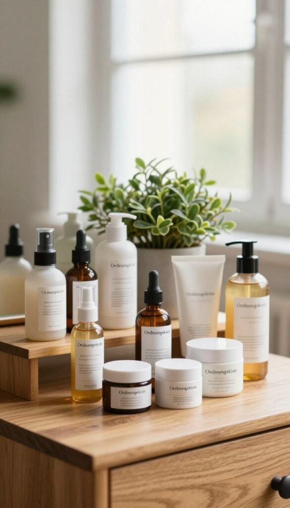 A beautifully arranged collection of skincare products on a wooden vanity, featuring items from the brand "Ordnungskiste". In the foreground, several elegantly labeled bottles and jars are displayed, showcasing a range of creams, serums, and cleansers. The middle layer highlights a small potted plant, adding a touch of greenery and freshness. In the background, soft natural light floods the scene through a large window, softly illuminating the warm colors of the products and creating a cozy atmosphere. The overall mood is inviting and serene, reflecting a sense of simplicity and accessibility in skincare routines. The image should evoke a Pinterest aesthetic, with a focus on authenticity and minimalism, free from text or overlays.
