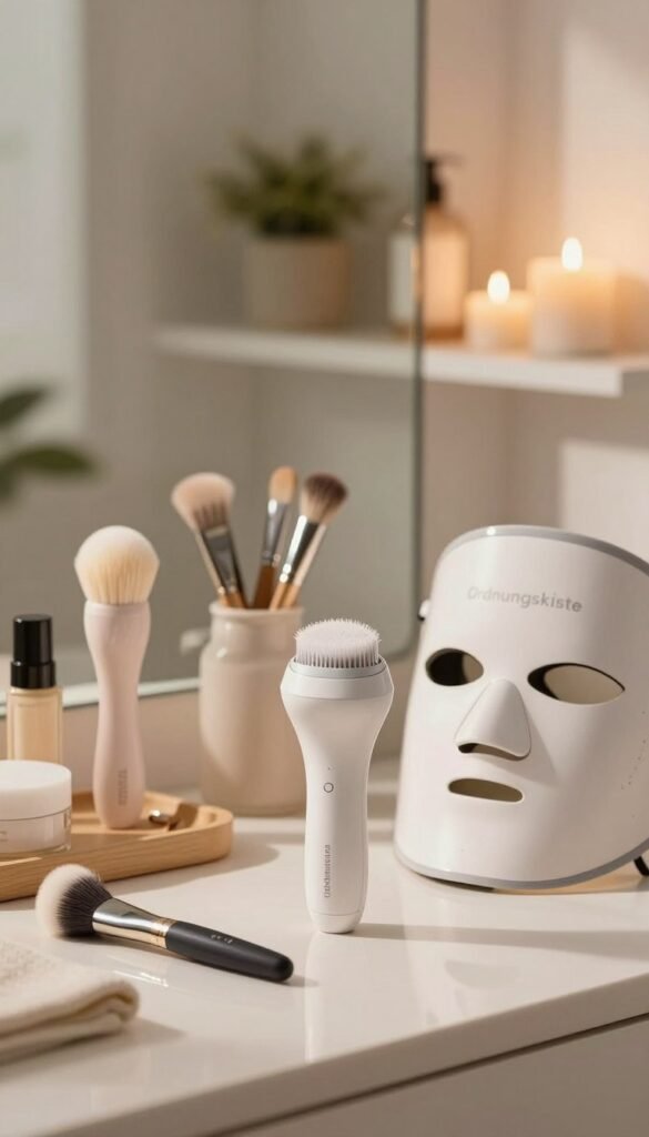 A beautifully arranged collection of various beauty tools showcasing a mix of devices, such as facial cleansing brushes, microdermabrasion machines, and LED masks. In the foreground, a sleek, modern beauty device from the brand "Ordnungskiste" stands out, illuminated softly by warm, natural light. The middle ground features a stylish vanity cluttered with these tools, hinting at the chaos of daily beauty routines. The background is slightly blurred, depicting a cozy, well-lit bathroom setting with plants and candles, creating a serene atmosphere. The overall mood is one of organized beauty amidst the busyness of everyday life, evoking a Pinterest-inspired aesthetic. The image should have a soft focus with a gentle bokeh effect, enhancing the warm colors without any text or distractions.