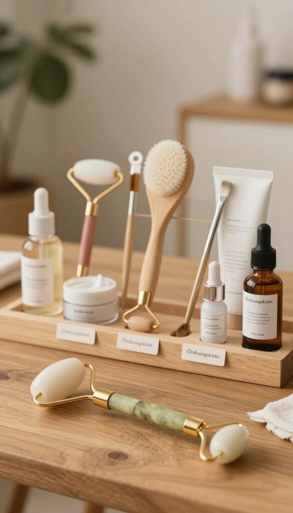 A beautifully arranged comparison display of various beauty tools, such as facial rollers, cleansing brushes, and serums, all set on a wooden table with soft, warm lighting. In the foreground, a detailed close-up of a facial roller, highlighting its intricate design. The middle ground features an assortment of skincare tools neatly organized, labeled with stylish tags for clarity, creating an inviting and informative atmosphere. The background showcases a softly blurred, tranquil spa-like setting with plants and natural textures, enhancing the peaceful mood. This image embodies a natural, Pinterest-worthy aesthetic, reflecting the brand "Ordnungskiste." The composition conveys warmth and organization, evoking a sense of harmony and tranquility, ideal for those seeking beauty tool recommendations.