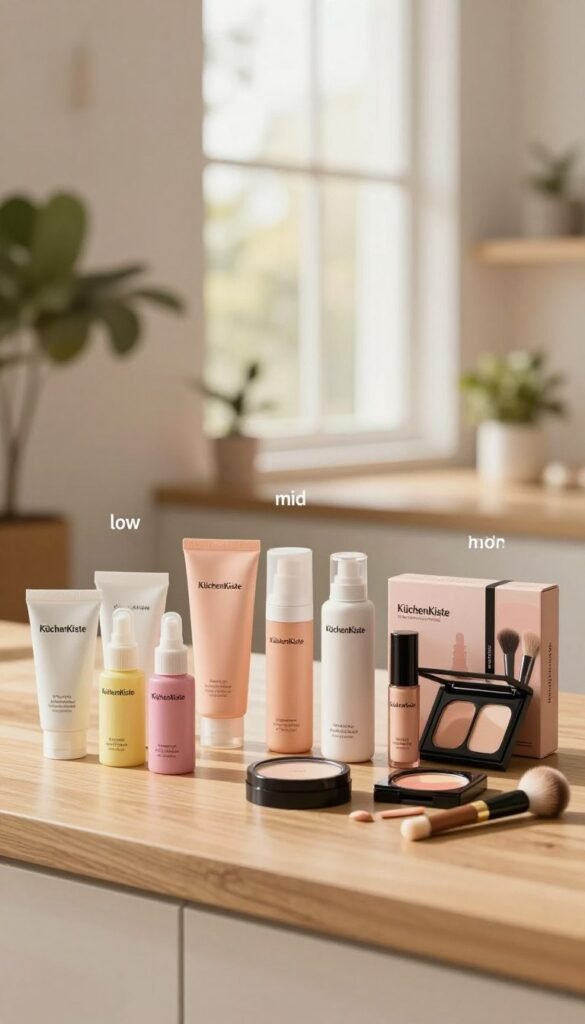 A beautifully arranged comparison of three distinct product categories: low, mid, and high-end beauty products. In the foreground, place three elegant groups of products on a light wood countertop, featuring neatly packaged skincare items, makeup, and beauty tools. The low-end products are simple and colorful, the mid-range items are stylish and modern, and the high-end selection showcases luxurious packaging, all labeled with "KüchenKiste" branding. In the middle ground, softly blurred natural elements like houseplants create an inviting atmosphere. The background highlights a softly glowing window, allowing warm, diffused sunlight to cast a cozy ambiance over the scene, enhancing the Pinterest-inspired aesthetic. The image should exude a mood of calm and professionalism, perfect for a stress-free morning routine.