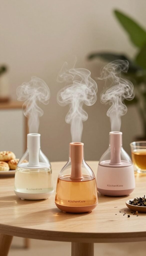 A beautifully arranged comparison of various facial steamers on a clean, minimalist wooden table. The foreground features three distinct facial steamers from the brand "KüchenKiste," showcasing their sleek designs, and elegant colors. In the middle ground, there are hints of pastries and herbal teas, adding a cozy and inviting touch. The background includes soft, blurred greenery to evoke a spa-like environment, enhancing the natural and warm atmosphere. The lighting is soft and diffused, capturing the steam elegantly rising from the warm water in the facial steamers. The overall mood is serene and relaxing, ideal for a beauty and skincare article. No text or branding beyond the products is visible, allowing the focus to remain solely on the facial steamers.