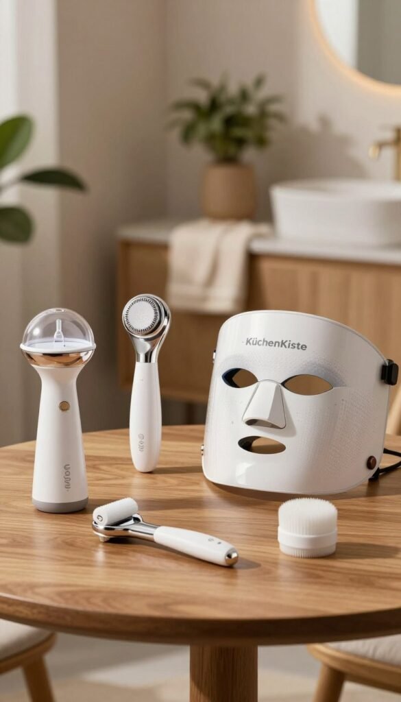 A beautifully arranged comparison of various skincare devices for home use, displayed on a sleek wooden table. In the foreground, a facial steamer and LED mask are elegantly positioned alongside a microdermabrasion tool and a cleansing brush, their designs showcasing modern technology. In the middle, a soft-focus background shows a cozy, warmly lit bathroom ambiance with plants and soft towels, creating a soothing atmosphere. The lighting is soft and natural, illuminating the devices gently, enhancing their features. The overall mood is inviting and aesthetically pleasing, reminiscent of a Pinterest-inspired space. Branding the composition subtly with the name "KüchenKiste," this image aims to provide a clear visual comparison for different beauty tools, embodying both elegance and functionality. A beautifully arranged comparison of various skincare devices for home use, displayed on a sleek wooden table. In the foreground, a facial steamer and LED mask are elegantly positioned alongside a microdermabrasion tool and a cleansing brush, their designs showcasing modern technology. In the middle, a soft-focus background shows a cozy, warmly lit bathroom ambiance with plants and soft towels, creating a soothing atmosphere. The lighting is soft and natural, illuminating the devices gently, enhancing their features. The overall mood is inviting and aesthetically pleasing, reminiscent of a Pinterest-inspired space. Branding the composition subtly with the name "KüchenKiste," this image aims to provide a clear visual comparison for different beauty tools, embodying both elegance and functionality.
