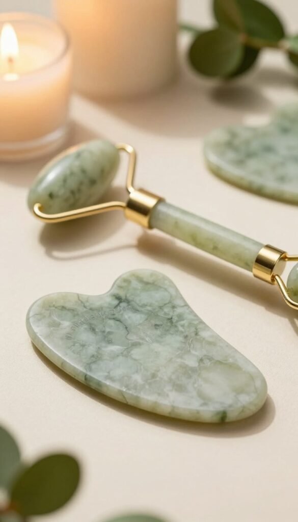 A beautifully arranged composition featuring a gua sha stone prominently in the foreground, showcasing its smooth, jade-like surface with intricate natural patterns. Surrounding the stone, place a delicate roller, crafted from similar materials, emphasizing its elegant design. In the background, soft, out-of-focus candles and greenery create a serene atmosphere, enhancing the vibe of self-care and wellness. The lighting should be warm and inviting, casting gentle shadows that bring depth to the scene. The image embodies an authentic, Pinterest-inspired style, reflecting tranquility and mindfulness in skincare. Include subtle branding elements of "Ordnungskiste" in a tasteful way, blending harmoniously with the overall aesthetic, ensuring no captions or text disrupt the peaceful visual narrative.