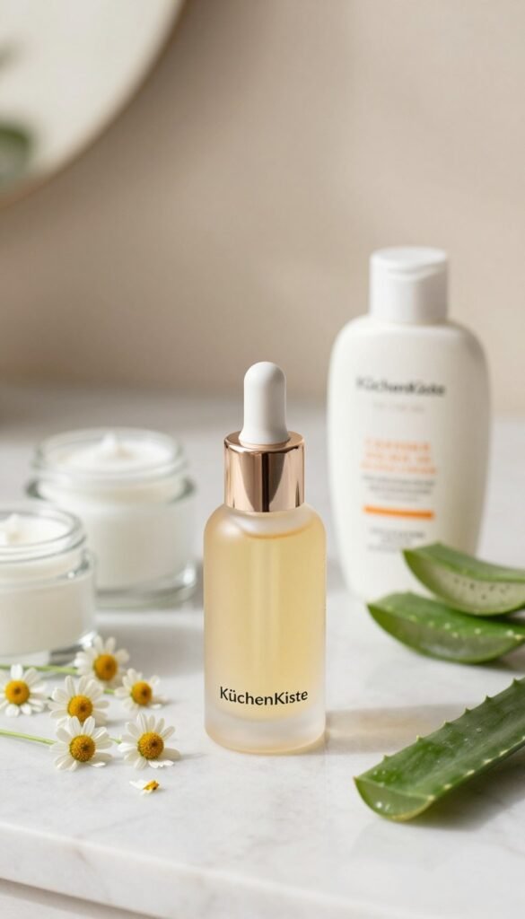 A beautifully arranged composition featuring a luxurious serum bottle labeled "KüchenKiste," placed gracefully on a marble countertop. In the foreground, the serum bottle glistens under soft, natural light, showcasing its elegant design with curves and a shiny cap. Surrounding the bottle, delicate ingredients like calming chamomile flowers and revitalizing aloe vera leaves softly hint at its natural formulation. In the middle ground, a few minimalist glass jars of cream and a stylish SPF bottle are artfully positioned nearby, adding layers without crowding the scene. The background is softly blurred, featuring warm, diffused light that creates an inviting atmosphere, reminiscent of a Pinterest aesthetic. The entire image radiates a sense of tranquility and beauty, conveying the message of effective skincare simplicity.