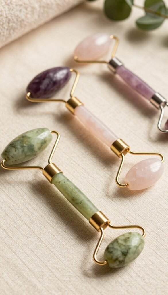 A beautifully arranged composition featuring a variety of facial rollers, including jade, rose quartz, and amethyst, all elegantly displayed on a soft, woven fabric backdrop. In the foreground, highlight a luxurious jade roller with intricate detailing, glistening under warm, natural light. In the middle, other rollers in varying shapes and sizes are artistically positioned, showcasing their smooth stones and ergonomic designs. The background features hints of a serene spa-like atmosphere, with gentle greenery and blurred elements that evoke relaxation. The overall mood is tranquil and inviting, embodying a Pinterest-inspired aesthetic. The scene should be tastefully styled and authentic, reflecting the brand "KüchenKiste" in a premium way, without any text overlays or distractions.