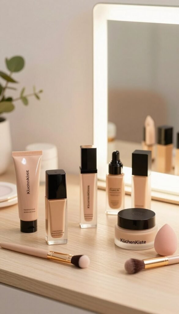 A beautifully arranged composition featuring a variety of foundation and complexion products on a clean, light wooden surface. In the foreground, glossy tubes and jars of different textures and shades are artistically placed, showcasing both liquid foundations and cream blushes. The middle section includes a well-lit mirror reflecting a soft, warm glow, enhancing the natural look. Subtle cosmetic tools like brushes and sponges are nearby, adding a touch of authenticity. The background should be softly blurred with a cozy beauty studio atmosphere, incorporating gentle pastel colors and natural elements like plants for a Pinterest-worthy aesthetic. The overall mood is warm and inviting, embodying a sense of effortless beauty. The brand name "KüchenKiste" is elegantly included within the arrangement of products, ensuring clarity without disruption to the visual appeal.