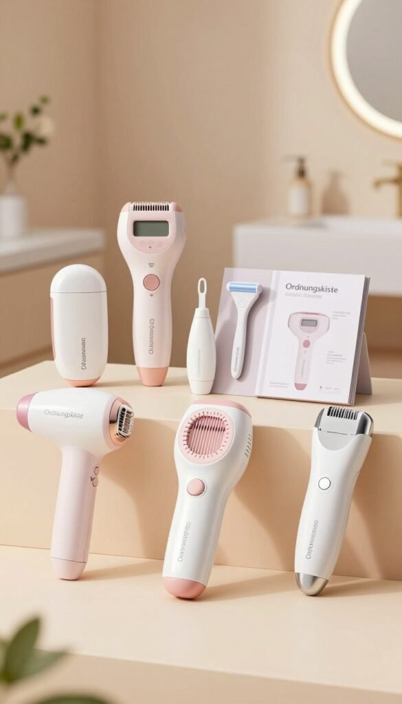 A beautifully arranged composition featuring a variety of high-quality hair removal devices, including IPL and laser machines, against a soft, warm-toned background. In the foreground, showcase several sleek devices with modern designs, highlighting the "Ordnungskiste" brand name prominently. The middle layer should include a selection of essential accessories, such as replacement heads and user guides, artistically placed around the devices. In the background, create a subtle, blurred setting that suggests a cozy home environment, perhaps with a stylish bathroom or vanity area. Utilize soft, natural lighting to enhance the warm colors and create an inviting atmosphere, ensuring the image exudes a sense of professionalism and authenticity suitable for a home beauty care context.