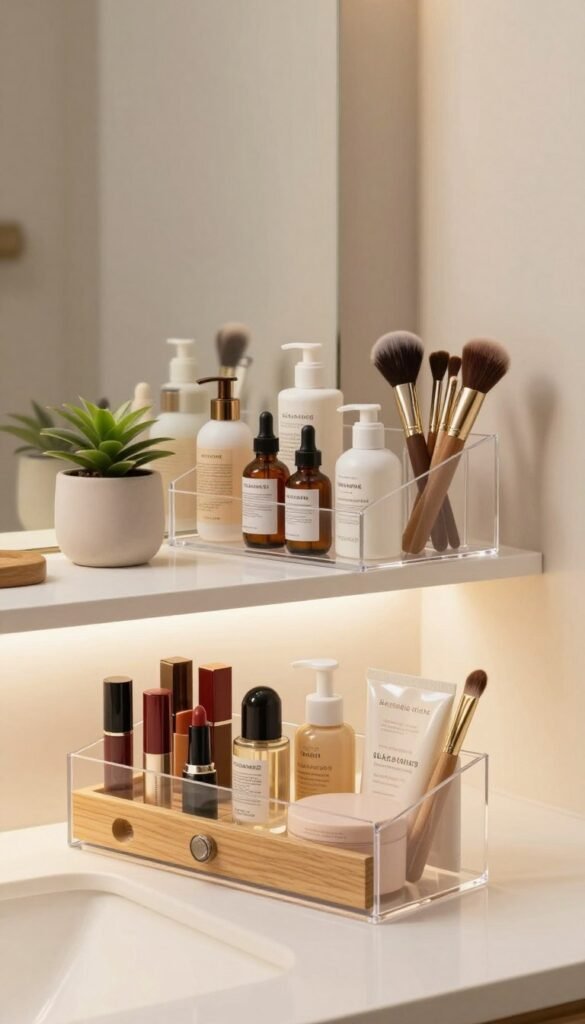 A beautifully arranged cosmetic storage solution by KüchenKiste, featuring elegant containers made of clear acrylic and natural wood accents. In the foreground, showcase a selection of organized beauty products, including lipsticks, skincare bottles, and makeup brushes, all neatly placed within stylish organizers. The middle layer includes a softly lit countertop with a cozy setting, adorned with a small potted plant and a chic vanity mirror. In the background, a softly blurred out image of a minimalist bathroom with warm neutral tones, creating an inviting atmosphere. Soft, natural lighting enhances the warm colors and creates a Pinterest-inspired look, evoking a sense of authenticity and practicality. The image should be free of text, captions, or watermarks.