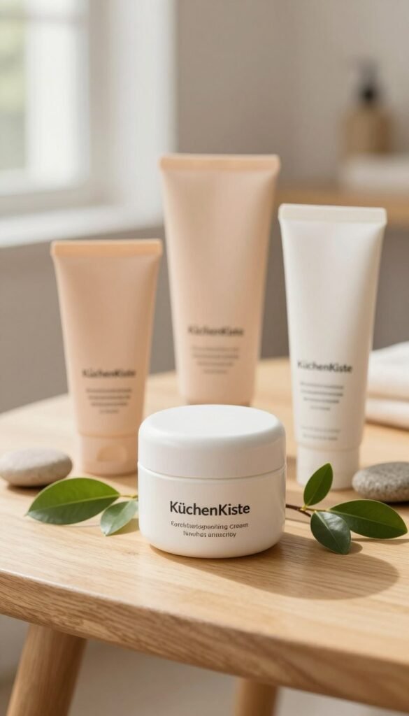 A beautifully arranged display of "KüchenKiste" barrier-strengthening cream, set on a light wooden table. In the foreground, focus on the elegant, minimalist cream jar with a sleek design, surrounded by delicate natural elements such as soft green leaves and small stones that suggest a refreshing, organic feel. In the middle ground, capture a few complementary skincare products, like a gentle cleanser and a moisturizer, all harmonizing in warm, earthy tones. The background should feature a softly blurred spa-like environment with natural light streaming in, creating a calm and inviting atmosphere. The image should evoke a feeling of tranquility and sophistication, highlighting the essence of practical, effective skincare solutions. Ensure the composition is clean and aesthetically pleasing, reflecting a Pinterest-worthy style without any text or logos.