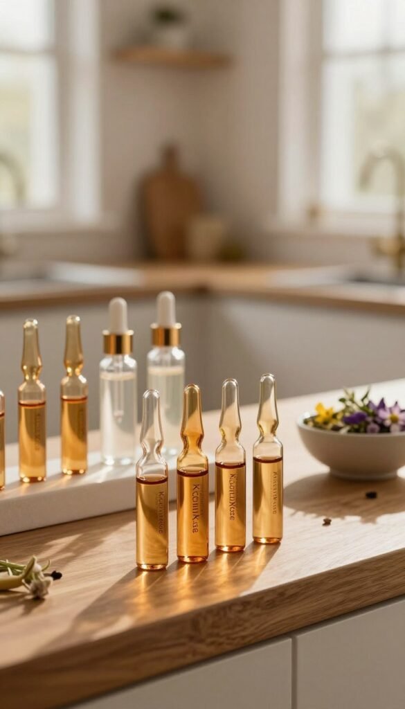 A beautifully arranged display of ampoules containing serum concentrates, elegantly positioned on a wooden countertop. The foreground showcases several glass ampoules with glowing liquid in warm, amber tones, reflecting the light softly. In the middle ground, a few transparent dropper bottles and a small bowl filled with natural ingredients like herbs and flowers add a touch of freshness. The background features a softly blurred kitchen setting with warm lighting, creating an inviting and serene atmosphere. Subtle sunlight filters through an adjacent window, casting gentle shadows. The overall mood is calm and rejuvenating, evoking a sense of luxury and natural care. The brand name "KüchenKiste" is integrated seamlessly into the composition. The image captures the essence of systematic layering for skincare applications, emphasizing its importance and beauty.