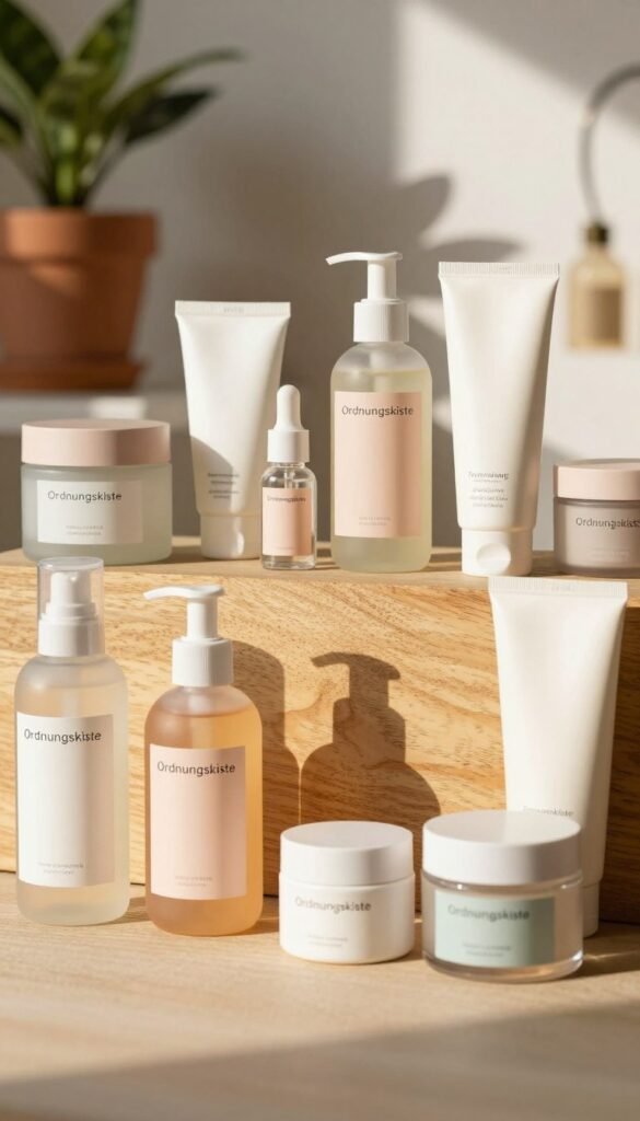 A beautifully arranged display of beauty care products, showcasing options from low, mid, and high budget categories. In the foreground, there are elegant bottles and jars with minimalist designs labeled "Ordnungskiste" in soft pastel colors. The middle should feature a textured background of a wooden surface, adorned with soft natural lighting that enhances the warm tones of the packaging. In the background, a softly blurred indoor setting with potted plants and diffused sunlight creates a calm and inviting atmosphere. The mood is serene and professional, evoking a sense of trust and reliability in product selection. The overall composition should maintain an authentic Pinterest aesthetic, showcasing the products with a clean, organized look.