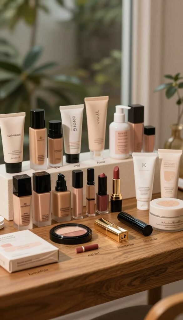 A beautifully arranged display of beauty products categorized by budget: low, mid, and high-end, stylishly presented on a wooden table. The foreground features elegant packaging of various cosmetics—foundations, lipsticks, and skincare items, each labeled with subtle indicators of their price category. The middle ground includes soft, warm lighting that casts gentle shadows, creating a cozy ambiance reminiscent of a Pinterest board aesthetic. In the background, a tasteful blurred-out garden view hints at natural beauty. The overall scene embodies an authentic, inviting atmosphere without any text or branding, aside from the logo "KüchenKiste" subtly positioned on the table. The image conveys a sense of balance and thoughtful choice in beauty product selection.