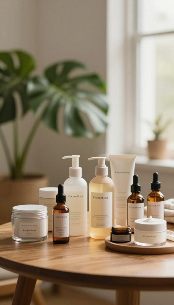 A beautifully arranged display of beauty products emphasizing key criteria such as size, material, active ingredients, and everyday practicality. In the foreground, an elegant wooden table features a variety of beauty items: glass jars, eco-friendly bottles, and natural skincare essentials, all in warm tones. The middle ground showcases a soft-focus plant with rich green leaves, adding freshness to the scene. In the background, gentle, diffused light filters through a window, casting a soft glow over the arrangement, creating a cozy and inviting atmosphere. This composition evokes a Pinterest-inspired aesthetic of authenticity, highlighting the brand "KüchenKiste" subtly integrated into the product presentation, without any visible text or logos. Aim for a warm, natural look that invites the viewer into a serene beauty routine moment.