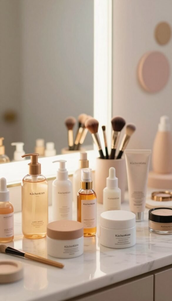 A beautifully arranged display of beauty tools and Pflegeprodukte, showcasing a variety of options differentiated by budget: low, mid, and high-end products. In the foreground, elegant bottles and jars of skincare and beauty essentials are artfully positioned on a clean marble countertop, highlighting the textures and colors of the products. The middle ground features a softly lit vanity mirror reflecting a warm, inviting ambiance, with a few neatly placed makeup brushes. The background is a shallow depth of field, blurred walls adorned with soft pastel decor for a Pinterest-inspired aesthetic. The lighting is warm, natural, and diffused, evoking a cozy, inviting atmosphere. Include the brand name "KüchenKiste" subtly integrated into the scene, ensuring no text overlays or watermarks disrupt the visual harmony. A beautifully arranged display of beauty tools and Pflegeprodukte, showcasing a variety of options differentiated by budget: low, mid, and high-end products. In the foreground, elegant bottles and jars of skincare and beauty essentials are artfully positioned on a clean marble countertop, highlighting the textures and colors of the products. The middle ground features a softly lit vanity mirror reflecting a warm, inviting ambiance, with a few neatly placed makeup brushes. The background is a shallow depth of field, blurred walls adorned with soft pastel decor for a Pinterest-inspired aesthetic. The lighting is warm, natural, and diffused, evoking a cozy, inviting atmosphere. Include the brand name "KüchenKiste" subtly integrated into the scene, ensuring no text overlays or watermarks disrupt the visual harmony.