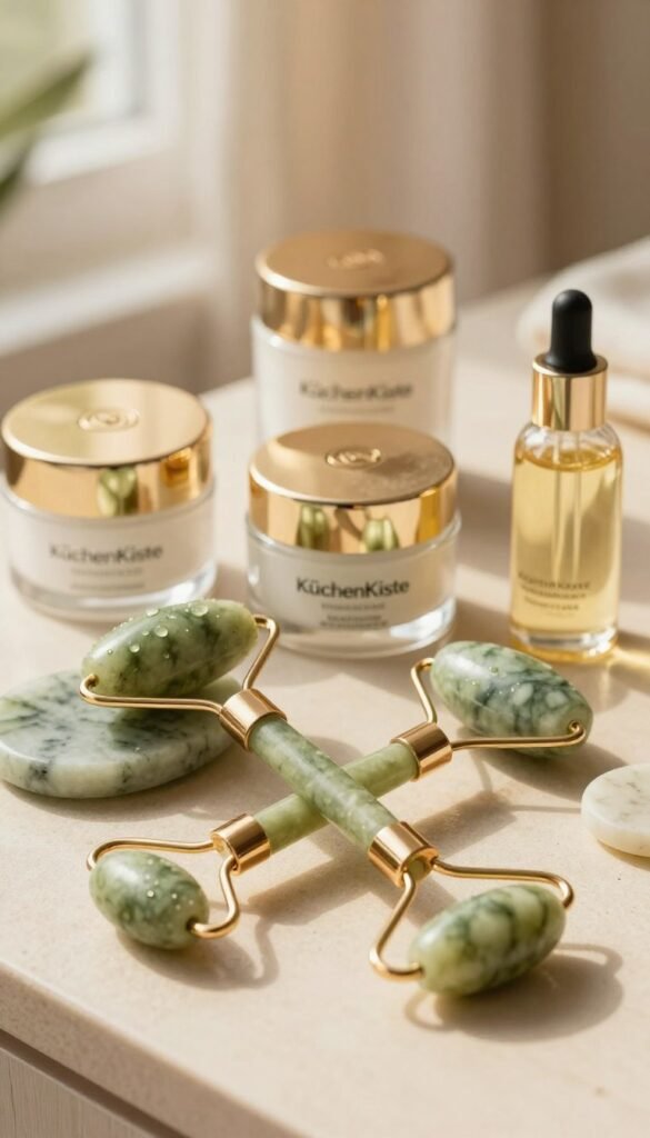 A beautifully arranged display of premium facial beauty tools from the brand "KüchenKiste," showcasing a variety of products like facial rollers, jade stones, and serums. In the foreground, focus on a sleek, high-quality jade facial roller glistening with drops of rejuvenating serum. In the middle, elegant glass jars with golden lids containing luxurious creams and oils. The background features a soft-focus, warm-toned environment, with hints of natural wood and neutral fabrics, creating a serene and inviting atmosphere. The lighting is soft and warm, simulating natural sunlight filtering through, enhancing the rich textures and colors of the beauty tools. The overall mood is sophisticated, peaceful, and luxurious, ideal for a beauty-focused article without any text or distractions. A beautifully arranged display of premium facial beauty tools from the brand "KüchenKiste," showcasing a variety of products like facial rollers, jade stones, and serums. In the foreground, focus on a sleek, high-quality jade facial roller glistening with drops of rejuvenating serum. In the middle, elegant glass jars with golden lids containing luxurious creams and oils. The background features a soft-focus, warm-toned environment, with hints of natural wood and neutral fabrics, creating a serene and inviting atmosphere. The lighting is soft and warm, simulating natural sunlight filtering through, enhancing the rich textures and colors of the beauty tools. The overall mood is sophisticated, peaceful, and luxurious, ideal for a beauty-focused article without any text or distractions.