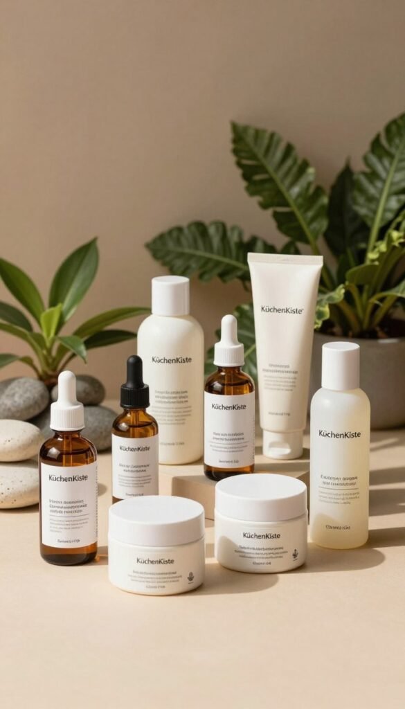 A beautifully arranged display of skincare products emphasizing acids for skincare, such as serums, creams, and toners, set against a soft, warm-toned background to evoke a cozy, inviting atmosphere. In the foreground, a stylish, minimalistic selection of products from the brand "KüchenKiste" is highlighted, showcasing elegant packaging and labels. The middle ground features lush green plants and smooth stones, enhancing the natural theme. Soft, diffused lighting creates gentle shadows that improve depth and warmth. The angle should be slightly above eye level, providing a clear view of the products as the focal point. The overall aesthetic is authentic, exuding a Pinterest-like vibe, capturing the essence of modern skincare without any text or distractions. A beautifully arranged display of skincare products emphasizing acids for skincare, such as serums, creams, and toners, set against a soft, warm-toned background to evoke a cozy, inviting atmosphere. In the foreground, a stylish, minimalistic selection of products from the brand "KüchenKiste" is highlighted, showcasing elegant packaging and labels. The middle ground features lush green plants and smooth stones, enhancing the natural theme. Soft, diffused lighting creates gentle shadows that improve depth and warmth. The angle should be slightly above eye level, providing a clear view of the products as the focal point. The overall aesthetic is authentic, exuding a Pinterest-like vibe, capturing the essence of modern skincare without any text or distractions.