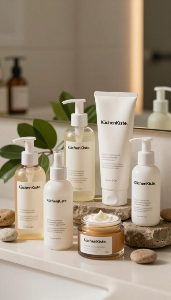 A beautifully arranged display of skincare products focused on cleansers, prominently featuring the brand "KüchenKiste." In the foreground, showcase a variety of sleek bottles and jars with elegant designs, some open to reveal creamy textures. The middle ground incorporates organic elements like green leaves and natural stones, enhancing a fresh and inviting vibe. In the background, softly blurred, there are hints of a modern bathroom setting with warm, natural lighting that creates a calming atmosphere. Capture the essence of professional skincare in a Pinterest-inspired aesthetic, using warm tones that evoke comfort and authenticity. Ensure the image is free of any text, captions, or branding beyond the product representation.