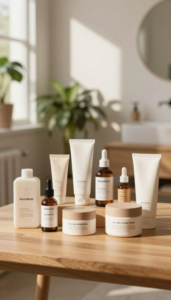 A beautifully arranged display of skincare products from different price ranges, illustrating a "Low-, Mid- und High-Budget" combination. In the foreground, a selection of eco-friendly, minimalist packaging from brands like "KüchenKiste" on a smooth, light wooden table. The middle ground features a soft-focus background of a cozy bathroom setting with plants and natural light streaming through a window, casting gentle shadows. The color palette is warm and inviting, with earthy tones that complement the product packaging. The mood is serene and nurturing, emphasizing the importance of a thoughtful skincare routine. The scene is devoid of any text, logos, or distractions, focusing entirely on the beauty and harmony of the product arrangement.