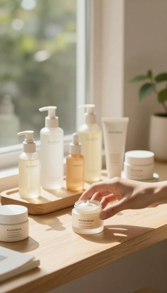 A beautifully arranged display of skincare products on a minimalist wooden counter, showcasing a variety of elegant bottles and jars with soft, natural textures. In the foreground, a delicate hand reaches for a moisturizer, emphasizing the idea of careful application. In the middle, the products are positioned artfully, with a warm-toned, sunlit ambiance filtering through a nearby window, casting gentle shadows. The background features soft-focus greenery, adding a fresh, organic touch, enhancing the natural aesthetic. The overall mood is serene and inviting, embodying a Pinterest-inspired atmosphere that highlights the essence of daily skincare routines. The brand name "KüchenKiste" subtly integrated into the design elements of the setting, ensuring an authentic and safe-for-work depiction.