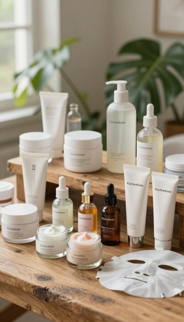 A beautifully arranged display of skincare products on a rustic wooden table, showcasing various tiers of items: affordable drugstore brands, mid-range favorites, and luxurious high-end products. The foreground features elegant glass containers and tubes, some open to reveal creamy textures and vibrant colors of creams, serums, and masks. In the middle ground, a few stylish bottles labeled "KüchenKiste" catch the eye, embodying a chic minimalist design. The background features soft greenery and natural light filtering in, creating a warm, inviting atmosphere reminiscent of a serene spa. The overall mood is authentic and soothing, perfectly reflecting a Pinterest aesthetic, with no text or branding visible on the products.