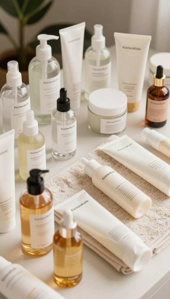 A beautifully arranged display of skincare products representing various budget categories, featuring low, mid, and high-budget items in a flat lay style. The foreground showcases an array of elegant glass and plastic bottles, tubes, and jars, labeled subtly with product categories like serums, moisturizers, and cleansers. The middle section has a soft, textured towel to provide a contrasting surface, enhancing the overall aesthetic. The background includes a hint of natural greenery and soft lighting, creating a warm and inviting atmosphere reminiscent of Pinterest. The warm color palette evokes a feeling of tranquility and authenticity. The brand name "KüchenKiste" is incorporated within the product display, harmonizing with the overall composition. The scene is captured from a slightly elevated angle, ensuring all products are clearly visible without any text or distractions.