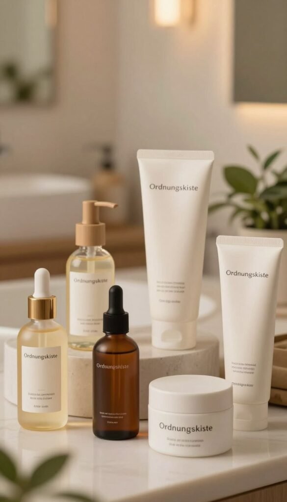A beautifully arranged display of skincare products, showcasing a variety of items from "Ordnungskiste" tailored for different skin types and budgets. In the foreground, include a selection of elegant bottles and jars with warm, inviting colors, featuring natural textures and minimalist designs. The middle ground showcases a soft, blurred background of a cozy, well-lit bathroom setting, with subtle plants adding a touch of greenery. The lighting is soft and warm, creating a calming atmosphere, ideal for a skincare routine. The overall mood is serene and inviting, emphasizing the practicality and accessibility of these skincare solutions. No text, captions, or watermarks, just an authentic and visually pleasing arrangement that feels like a Pinterest inspiration.