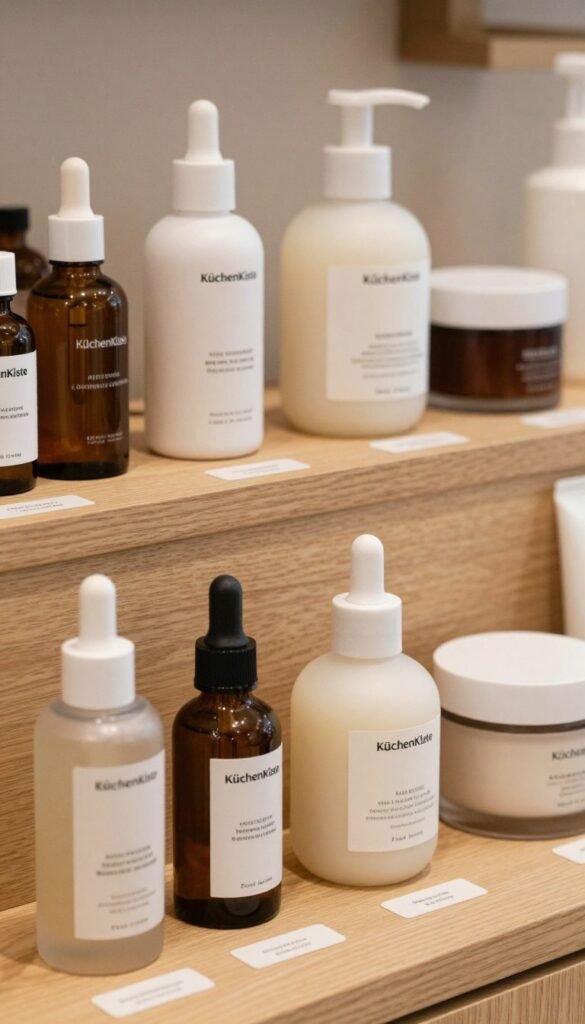 A beautifully arranged display of skincare products showcasing the concept of "hautpflege layering" for better results. In the foreground, a set of elegantly designed serums, moisturizers, and oils in varying textures, displayed in an organic layout with labels subtly indicating their lightweight to richer formulations. The middle layer features a clean, wooden surface enhancing the natural and warm color palette of the products. In the background, soft, diffused lighting creates a warm ambiance, accentuating the textures of the creams and bottles. The overall composition embodies authenticity and a Pinterest-inspired aesthetic, focusing on a lifestyle feel without any text or overlays. The brand "KüchenKiste" is subtly represented through elegant product packaging.